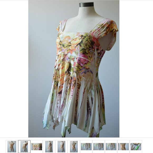 Asymmetrical Women Tunic Blouse sz 1 Made in USA by Stretch Square Neck Floral - Picture 2 of 9